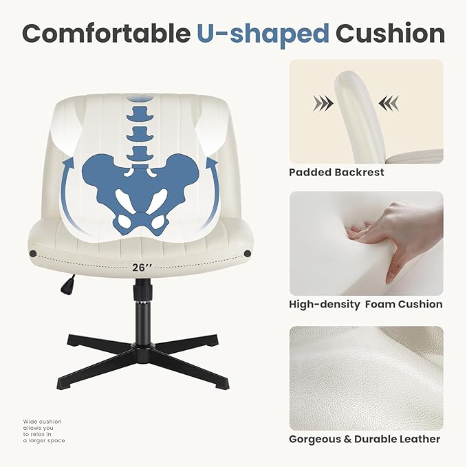 DUMOS Desk Chair No Wheels, Criss Cross Chair Wide Cross Legged Desk Vanity Chair, PU Leather Armless Adjustable Swivel Chairs for Home Computer Task Beige