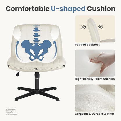 DUMOS Desk Chair No Wheels, Criss Cross Chair Wide Cross Legged Desk Vanity Chair, PU Leather Armless Adjustable Swivel Chairs for Home Computer Task Beige