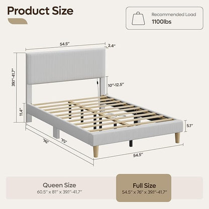 Bestier Full Bed Frame with Adjustable Headboard, LED Lighting, Vertical Channel Tufted Corduroy Upholstered, Solid Wooden Slats Support, No Box Spring Needed, Never Squeak, Easy Assembly, Light Grey