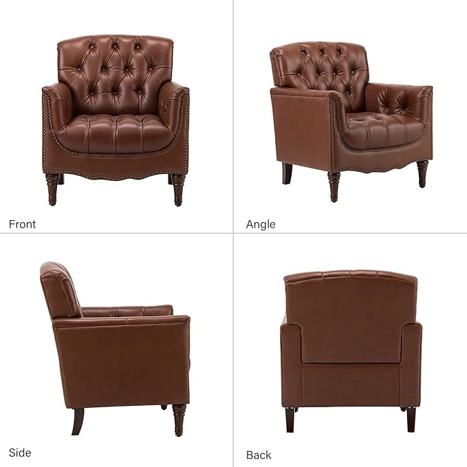 HULALA HOME Mid Century Modern Leather Club Chairs, Top-Grain Genuine Leather Armchairs with Button-Tufted Back & Solid Wood Legs, Accent Chairs for Living Room/Bedroom/Home Office, Brown
