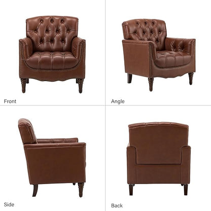 HULALA HOME Mid Century Modern Leather Club Chairs, Top-Grain Genuine Leather Armchairs with Button-Tufted Back & Solid Wood Legs, Accent Chairs for Living Room/Bedroom/Home Office, Brown