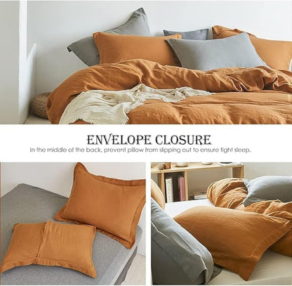 Simple&Opulence 100% Linen Duvet Cover Set, 3 PCS Natural French Flax Rust Duvet Cover Queen Size, Breathable Soft Comfy Linen Bedding Comforter Cover with 2 Pillowcases(Rust, 88"x92")