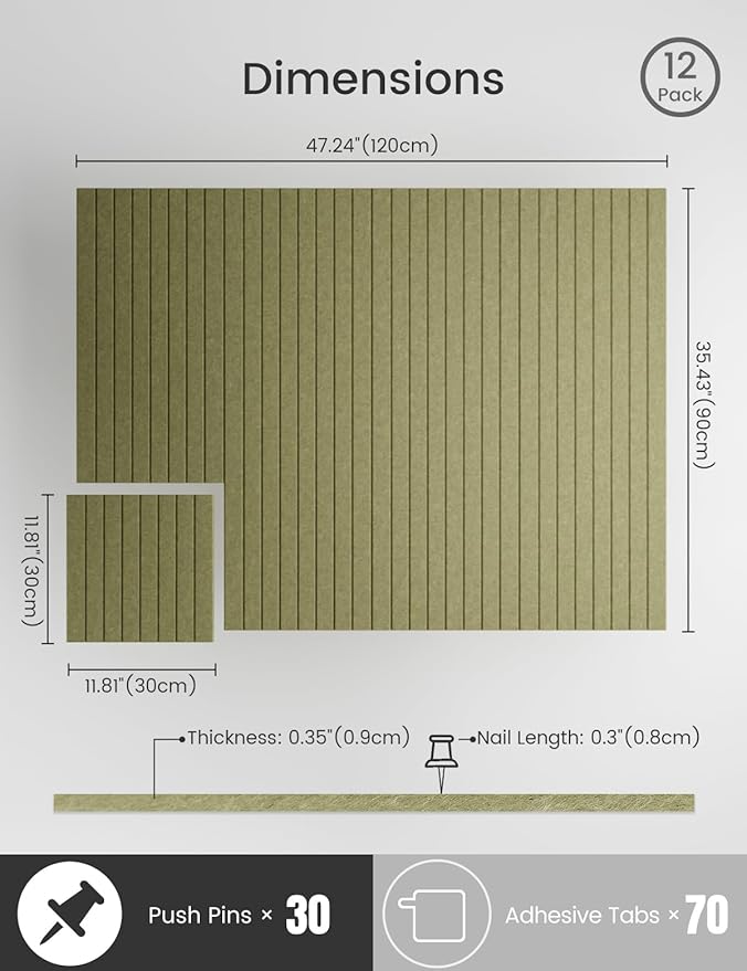 Bumusty Large Felt Bulletin Board 48" x 36" Cork Board Alternative-12 Pack with 70 Safe Removable Adhesive Tabs, Cork Boards for Walls Cork Board for Home Office Classroom Pin Board (Olive Green)