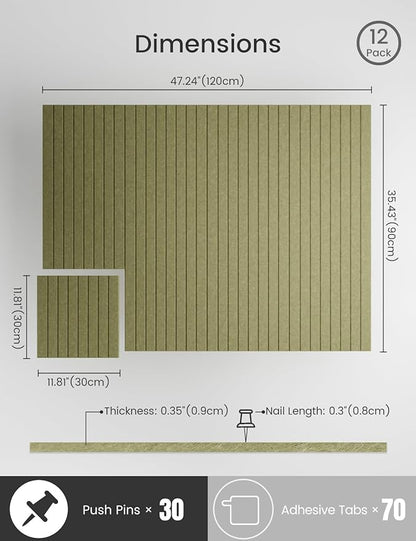 Bumusty Large Felt Bulletin Board 48" x 36" Cork Board Alternative-12 Pack with 70 Safe Removable Adhesive Tabs, Cork Boards for Walls Cork Board for Home Office Classroom Pin Board (Olive Green)