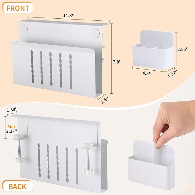 Desk Side Storage Under Desk Laptop Holder, No Drill Hanging Desk Organizer with Pen Holder, Clamp-On Table Side Desktop Organization Mount for Office and Home (White)