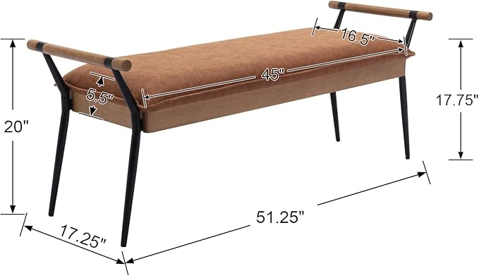 DUOMAY Modern Rectangle Ottoman Bench with Arms and Metal Legs, Mid Century PU Bed Bench Footstool Entryway Shoe Bench for Dining Room Bedroom Living Room, Brown