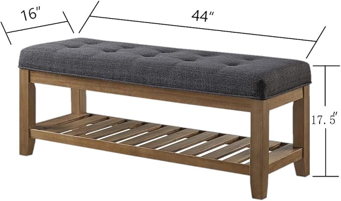 24KF Large Rectangular Upholstered Tufted Linen Fabric Ottoman Bench, Padded Bench with Solid Wood Shelf-Charcoal