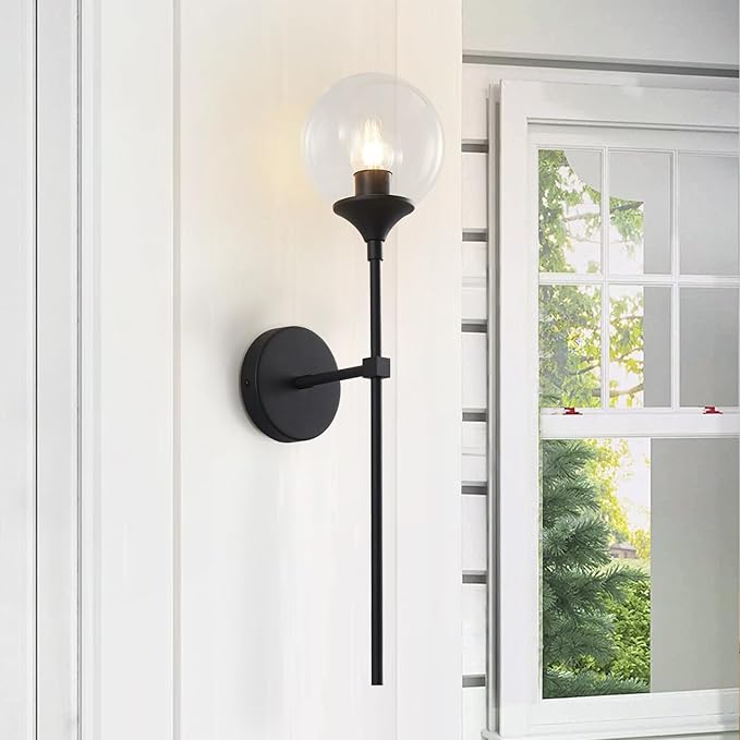 KCO Lighting Mid Century Black Wall Mounted Sconce Round Clear Glass Globe Wall Lamp Minimalist Slim Wall Sconce Light for Hallway Stairs Bathroom Mirror