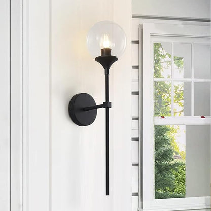 KCO Lighting Mid Century Black Wall Mounted Sconce Round Clear Glass Globe Wall Lamp Minimalist Slim Wall Sconce Light for Hallway Stairs Bathroom Mirror