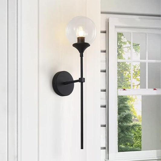 KCO Lighting Mid Century Black Wall Mounted Sconce Round Clear Glass Globe Wall Lamp Minimalist Slim Wall Sconce Light for Hallway Stairs Bathroom Mirror