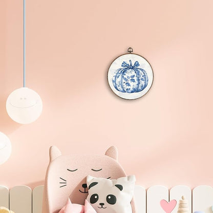 Hxlac Chinoiserie Pumpkin Fall Round Wall Art Framed, Blue and White Porcelain Pumpkin Round Wall Decor, Autumn Halloween Hanging Canvas Prints Wall Sculptures for Home Room Decor, 10x10 Inch