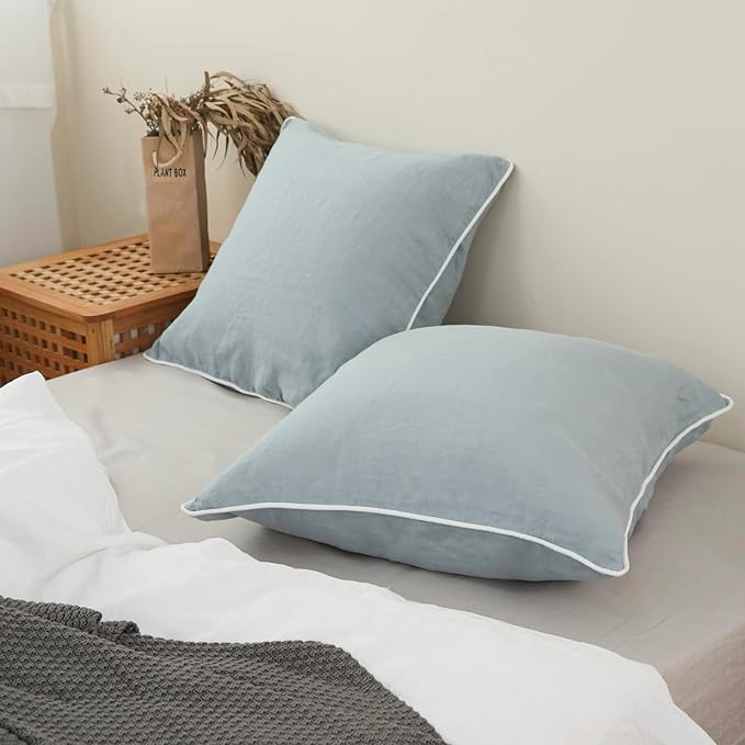 Simple&Opulence 100% Linen Euro Sham Covers with Piping Trim, 26"x26" Pillow Cover Set of 2, Breathable Pillow Shams for Bed Couch Decorative Cushions, Dusty Blue