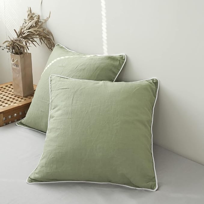 Simple&Opulence 100% Linen Euro Sham Covers with Piping Trim, 26"x26" Pillow Cover Set of 2, Breathable Pillow Shams for Bed Couch Decorative Cushions, Sage Green