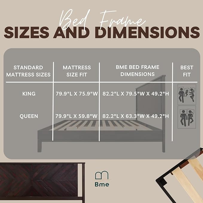 Bme Vivian 14 Inch Deluxe Bed Frame with Headboard, Rustic & Scandinavian Style with Solid Acacia Wood, No Box Spring Needed, 12 Strong Wood Slat Support, Easy Assembly, Queen, Rustic Black