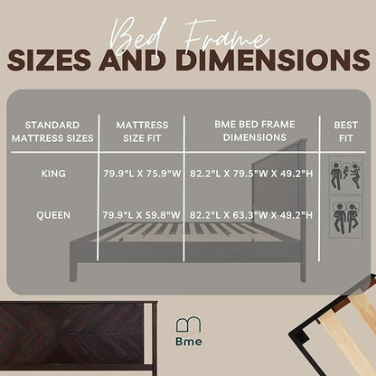 Bme Vivian 14 Inch Deluxe Bed Frame with Headboard, Rustic & Scandinavian Style with Solid Acacia Wood, No Box Spring Needed, 12 Strong Wood Slat Support, Easy Assembly, Queen, Rustic Black