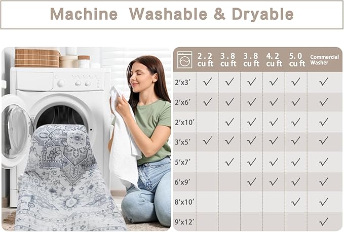 Area Rug 8x10 Washable Area Rugs for Living Room- Ultra Soft Non-Shedding Faux Wool Bedroom Rug Large Grey Vintage Print Rugs with Non Slip Rubber- Indoor Retro Foldable Carpet for Dining Room