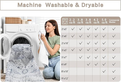 Area Rugs 5x7 Washable Area Rugs for Living Room- Ultra Soft Non-Shedding Faux Wool Bedroom Rug Grey Vintage Print Rugs Non Slip Dining Room Rugs Large Floor Carpet for Farmhouse Home Office