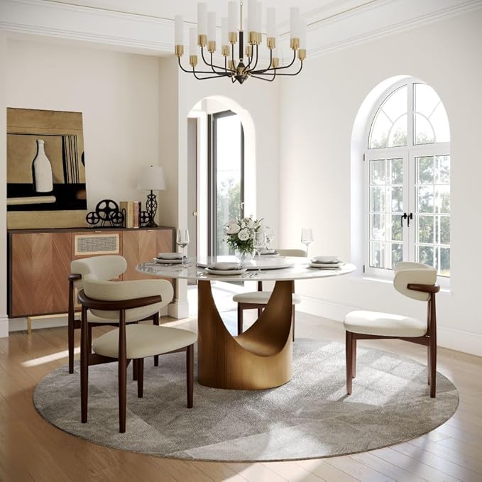 POVISON Round Dining Table with 23" Lazy Susan, 47" Glossy White Sintered Stone Table Topwith Bronze Carbon Steel Pedestal, Modern Circle Dining Table for Kitchen (Table Only)