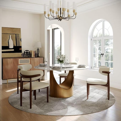 POVISON Round Dining Table with 23" Lazy Susan, 47" Glossy White Sintered Stone Table Topwith Bronze Carbon Steel Pedestal, Modern Circle Dining Table for Kitchen (Table Only)