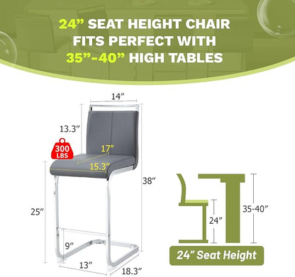 Bar Stools Set of 6,25" Counter Height Bar Stools with Footrest,Grey Faux Leather Kitchen Stools with Chrome Plated Metal Leg,Counter Height Stool Ideal for Island Pub Kitchen Counter Dining Chair