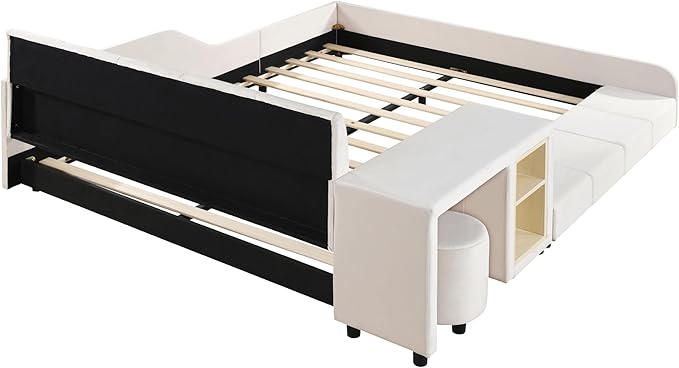 Merax Full Upholstered Grounded Bed Mother & Child, Beige Velvet