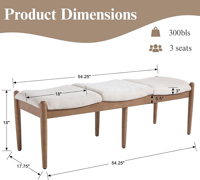 DUOMAY 55'' Modern Ottoman Bench, Chenille Upholstered Entryway Bench Bedroom Bench with Wood Legs, End of Bed Bench for Bedroom, Living Room, Corners, Kitchen, Beige