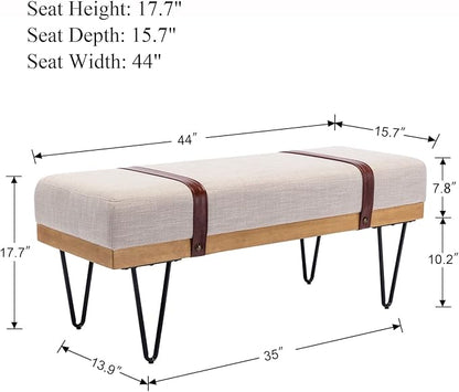 DUOMAY Industrial Modern Linen Rectangle Ottoman Bench with PU Strap and Metal Legs, Mid Century Dining Table Bench Footstool Entryway Shoe Bench for Bedroom Dining Room Living Room, Beige