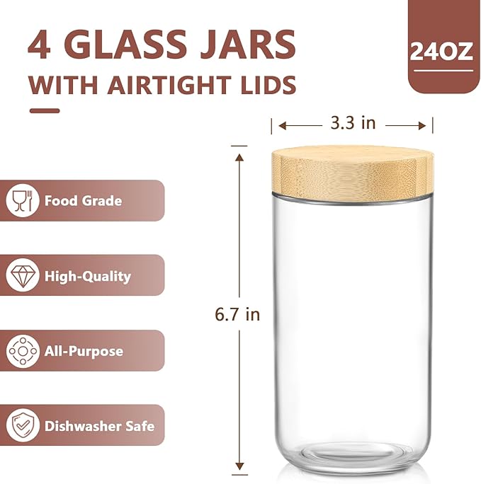 DRKIO 24 Oz Overnight Oats Containers with Bamboo Lids - 4 Pack Glass Storage Jars with Airtight Lids Wide Mouth Mason Food Jars Great for Meal Prep Salad Chia Pudding Snacks Yogurt Sugar Spice