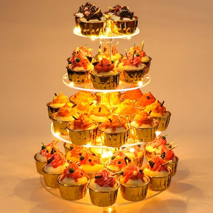 YestBuy 4 Tier Round Cupcake Stand, Cupcake Holder, 4 Tier Cupcake, Acrylic Cake Tower Stand Display for Pastry + LED Light String, Ideal for Weddings, Birthday Parties (Yellow)