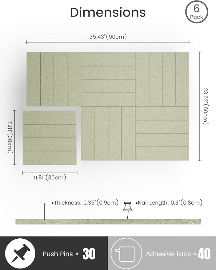 Bumusty Large Cork Board Alternative-36 x24 Felt Bulletin Board Tiles, with 30 Pushpins, 40 Adhesive Tabs, 6-Pack Slat Wall Paneling, Cork Boards for Office Push Pin Board Felt Board-Sage