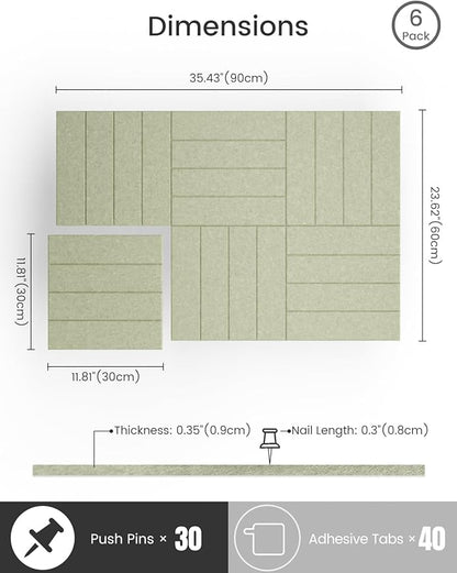 Bumusty Large Cork Board Alternative-36 x24 Felt Bulletin Board Tiles, with 30 Pushpins, 40 Adhesive Tabs, 6-Pack Slat Wall Paneling, Cork Boards for Office Push Pin Board Felt Board-Sage