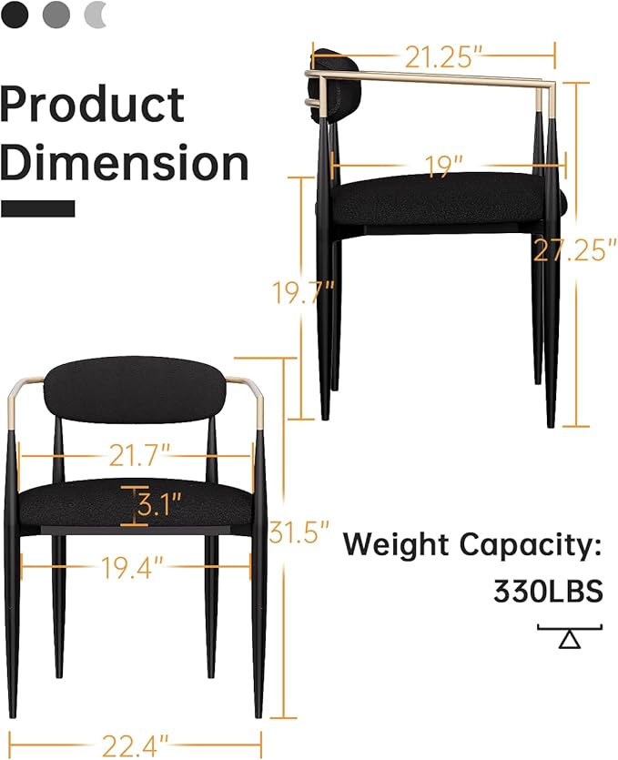 Morden Fort Black Upholstered Dining Chairs Set of 6, Modern Fabric Dining Chairs with Gold Arms and Metal Legs for Kitchen, Living Room and Reception