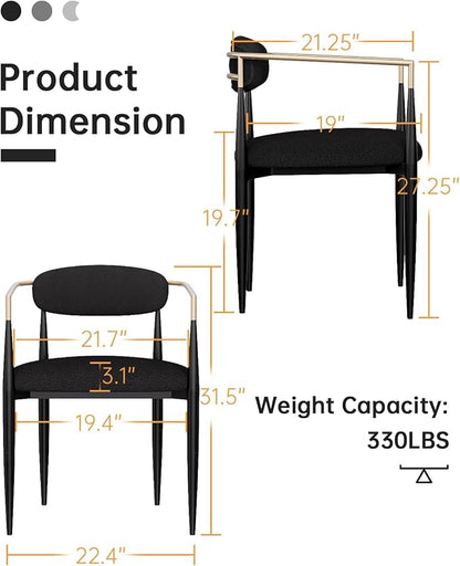 Morden Fort Black Upholstered Dining Chairs Set of 6, Modern Fabric Dining Chairs with Gold Arms and Metal Legs for Kitchen, Living Room and Reception