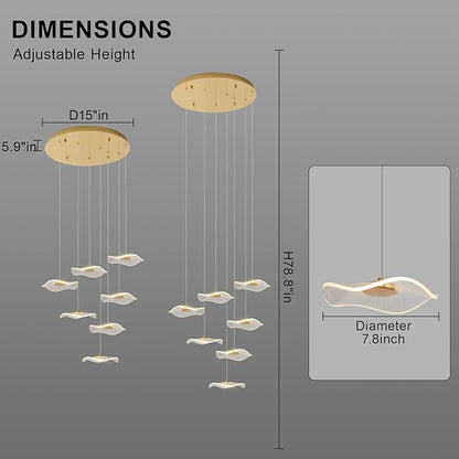 ziidoo High Ceiling Chandelier - 7-Light Dimmable Modern Gold Long Spiral Luxury Linear Lotus Leaf Led Lamp Hanging Pendant Lights for Foyer Enterway Staircase Villas