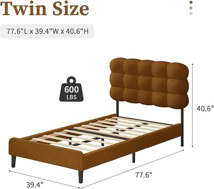 BarnFurin Twin Bed Frame with Upholstered Headboard, Teddy Soft Boucle Fabric, Platform Bed with Strong Wooden Slats Support, Two Bed Forms Design, No Boxing Spring Needed, Easy Assembly, Brown