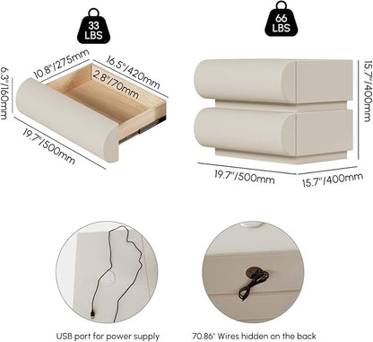 homary 2-Drawer Smart Nightstands Set of 2 with Wireless Charging Station, USB & Type-C Ports, Faux Leather White Night Stands Modern Bedside Tables for Bedroom Storage, Fully Assembled