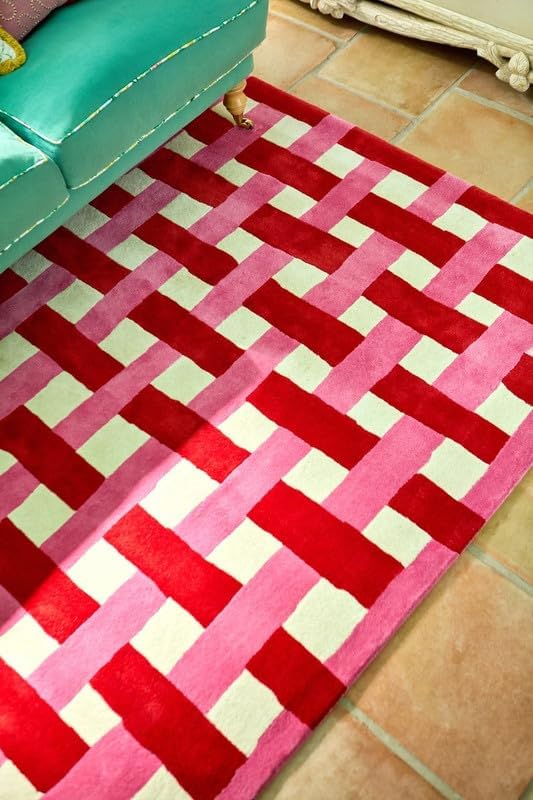 Hand-Tufted Wool Checkered Area Rug 4x7 Ft – Pink Red Basketweave Carpet for Living Room, Bedroom, Playroom – Soft Plush Texture, Modern Artistic Floor Décor