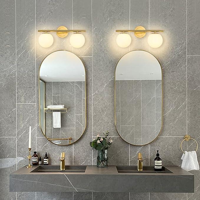New Bathroom Vanity Light Fixtures 2 Lights Brushed Brass Milk White Globe Glass Shade Modern Wall Bar Sconce Over Mirror (Exclude Bulb