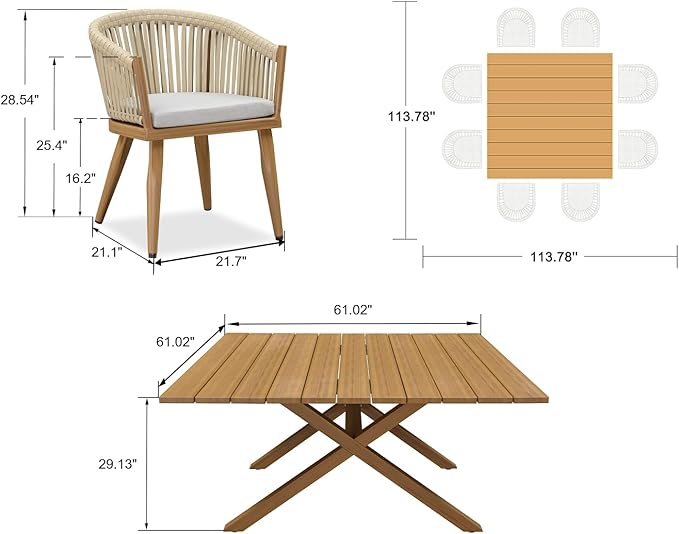 PURPLE LEAF 9 Pieces Outdoor Dining Set with Patio Aluminium Square Dining Table and Wicker Chairs Modern Furniture Cushions Sets for Backyard Indoor Decor Kitchen Teak