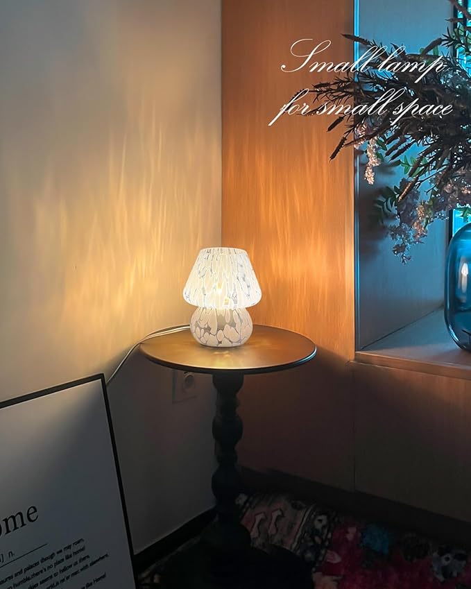 ONEWISH Mushroom Lamp Small Table Lamp-Nightstand Nightlight Dimmable Stepless, Translucent Glass Desk Lamp for Bedroom Dorm Living Kitchen, Murano Style Aesthetic Cute Home Decor(Blue)