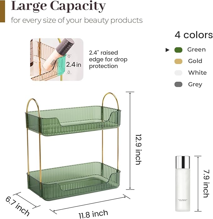Aveniee Bathroom Counter Organizer, 2 Tier Perfume Skin Care Countertop Storage Shelf, Vanity Makeup Tray for Cosmetic Skincare Lotion,Green