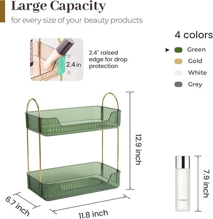 Aveniee Bathroom Counter Organizer, 2 Tier Perfume Skin Care Countertop Storage Shelf, Vanity Makeup Tray for Cosmetic Skincare Lotion,Green