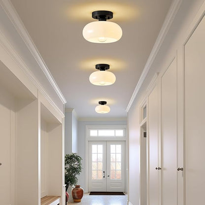 Mid-Century Modern Semi Flush Mount Ceiling Light, Metal Kitchen Light Fixture with Glass Shade, Mini White and Black Colse to Ceiling Lamp for Entryway Hallway Bathroom (8.66 Inch)