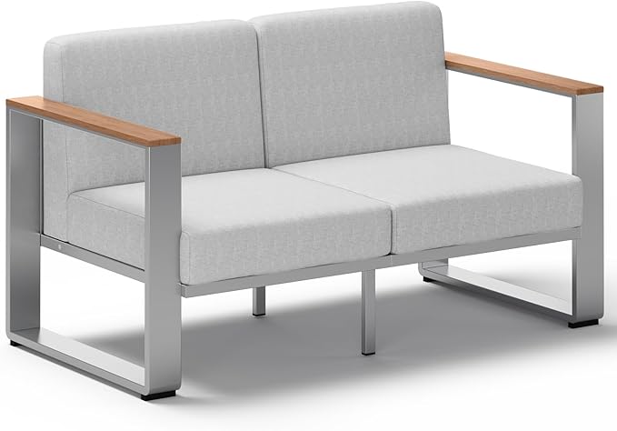 Aluminum Outdoor Patio Furniture, 1 Piece Loveseat, All-Weather Outside Seating for Deck, Porch (Teak-Gray)