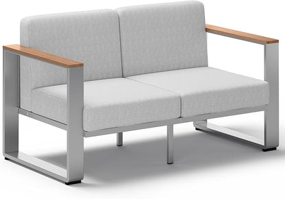 Aluminum Outdoor Patio Furniture, 1 Piece Loveseat, All-Weather Outside Seating for Deck, Porch (Teak-Gray)