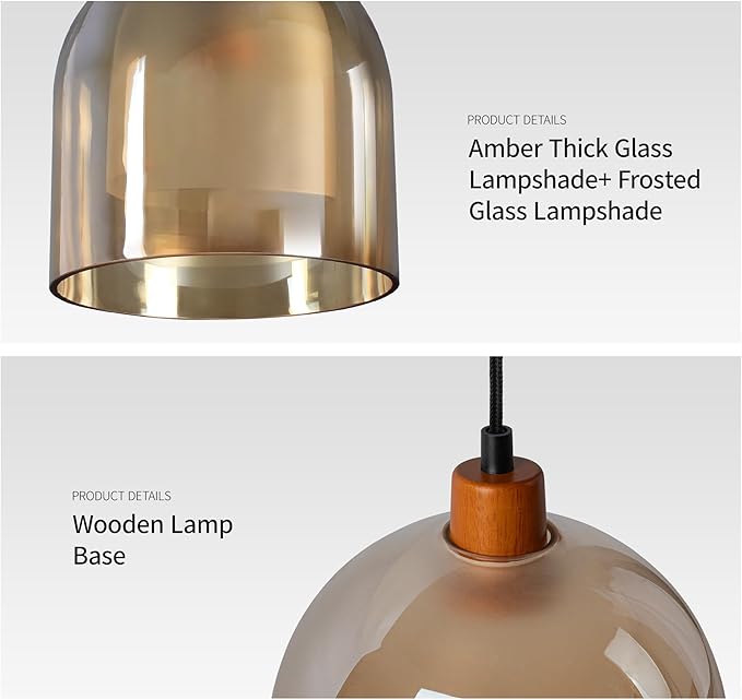 Aisilan Large Gold Pendant Light Fixture Modern Amber 7" Glass Pendant Lights Adjustable Vintage Pendant Light with 5W E12 Bulb Hanging Light Fixture for Kitchen Island Living Room Dining Room