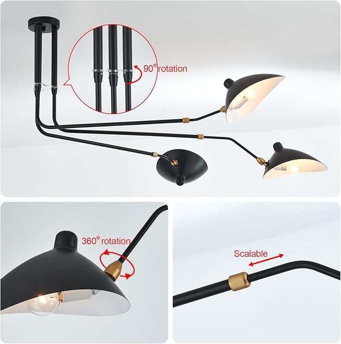 85" Mid-Century Chandelier, Matt Black Finish with Adjustable 3-Arms Large Pendant Lighting Fixture for Dining Room Living Room Kitchen Island Bedroom 3-Light