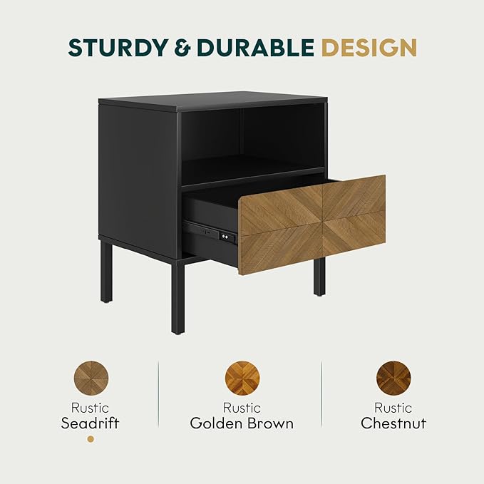 Bme Vivian Solid Wood Nightstand, End Table, Bedside Table with Herringbone Pattern for Rustic Bedroom, Easy Assembly, Rustic Seadrift and Black