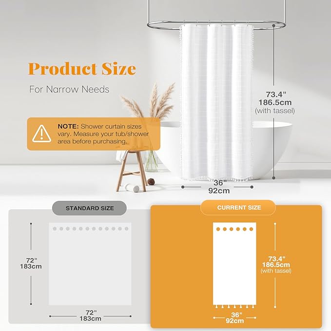 BTTN Boho Stall Shower Curtain - 36x72 Narrow Linen Ultra Thick Tassel Fabric Shower Curtain Set with 6 Plastic Hooks, Half Camper Modern Farmhouse French Country Shower Curtains for Bathroom - White