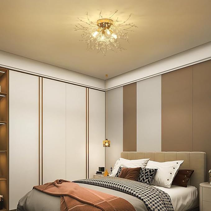 HMVPL Gold Crystal Flush Mount Ceiling Light, 4-Light Brass Mini Chandelier Light Fixture,Modern Sputnik Ceiling Light,Golden Light Fixture for Hallway Kitchen Foyer Nursery Closet Bedroom Dining Room